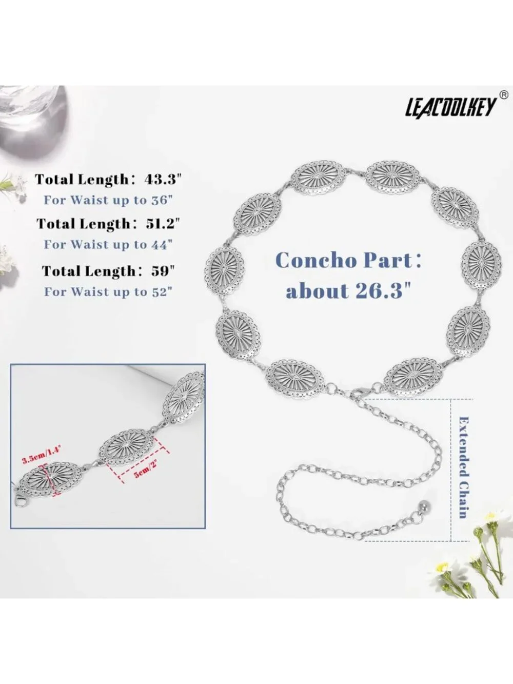 Turquoise Concho Chain Waist Belt - Adjustable Silver Western Cowgirl Style